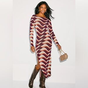 Misa Los Angeles Long-Sleeve Wave-Print Midi Dress - Plum & Blush